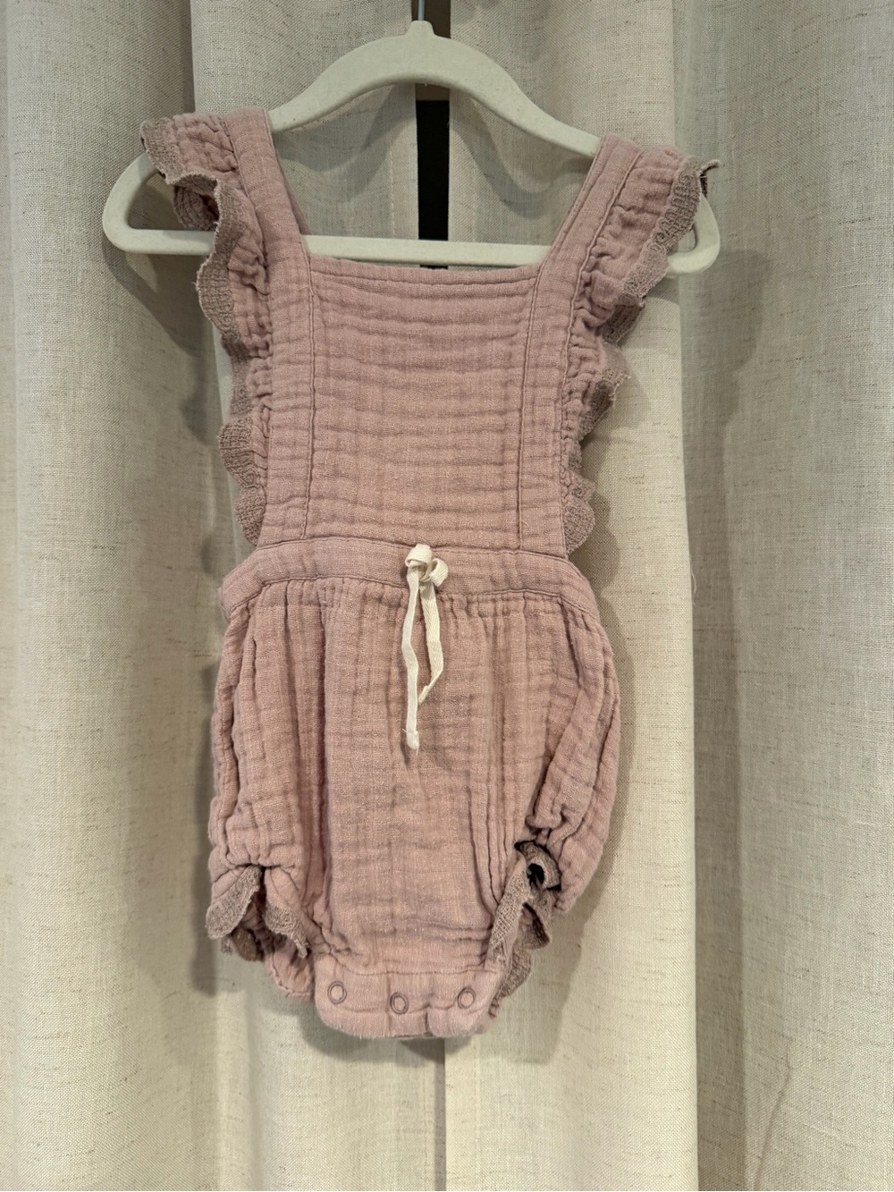 Jamie Kay Soft Mauve Pink Gauze Romper with Ruffle Trim Organic Cotton 1YR